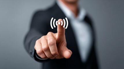 Poster - Man is pointing at a picture of a man's hand with a finger on a button. The button is labeled 