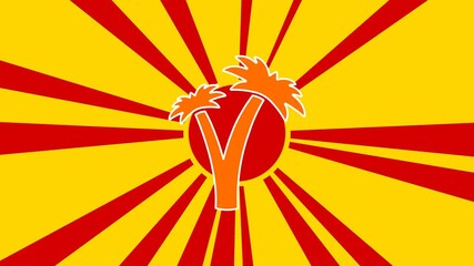 Poster - Palm trees symbol on the background of animation from moving rays of the sun. Large orange symbol increases slightly. Seamless looped 4k animation on yellow background