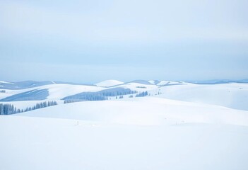serene snowfall over gently sloping snow-covered hills under a pale blue sky, nature, quiet
