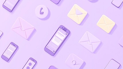 Leinwandbilder - Vector icons of digital communication like email, phone, and texting on a pale lavender background