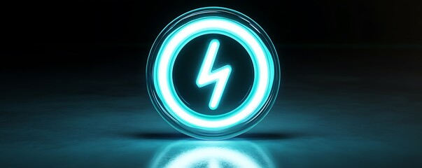 Leinwandbilder - A glowing neon power button symbol floating above a smooth glassy surface, emitting a soft cyan hue