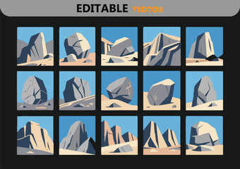 Poster - Collection of Stylized Rock Formations in Vector Format Featuring Various Shapes Sizes and Textures Set Against a Clear Blue Sky and Sandy Terrain Editable and Scalable