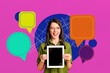 © deagreez - Creative composite sketch design artwork collage of vibrant color young lady hold tablet wink smile speech bubble message comment tag chat