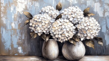 Wall Mural - White Hydrangeas in Elegant Vases on Blue Abstract Background