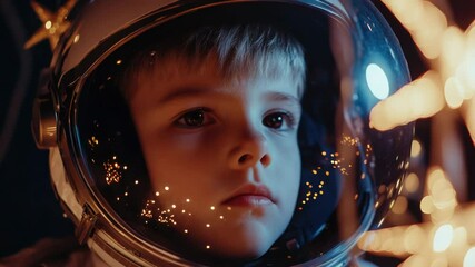 Poster - A young boy in a space suit looks directly at the camera, wearing a helmet and holding a device