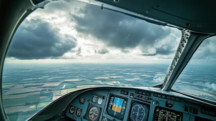 Poster - Pilot's view from inside an airplane cockpit with clear blue sky outside
