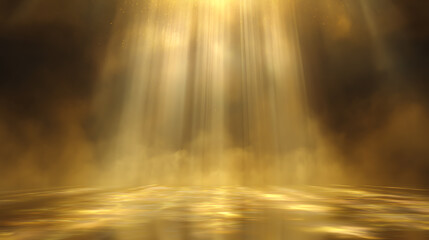 Poster - A beautiful golden light cascades through clouds, creating a serene and mystical atmosphere over the tranquil waters below.