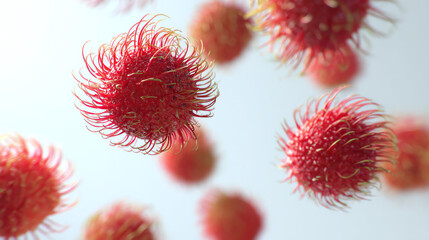 Aufkleber - A close-up view of vibrant red microbes floating against a soft background, showcasing intricate textures and shapes.