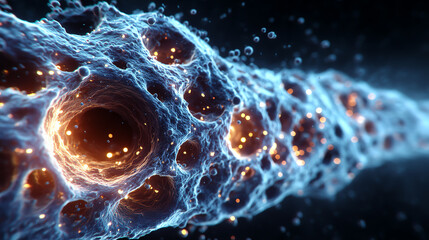 Poster - A dynamic visualization of cells, showcasing their intricate structure and glowing patterns, highlighting the beauty of microscopic life.