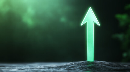 Poster - A glowing green arrow pointing upwards, symbolizing progress and advancement in technology against a dark background.