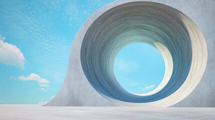 Poster - A modern architectural structure featuring a circular opening against a clear blue sky, creating a unique visual perspective.