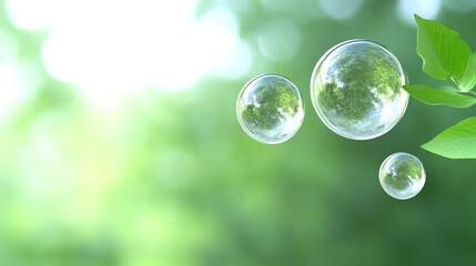 Poster - A serene scene featuring bubbles floating among lush green leaves, illustrating nature's beauty and tranquility.