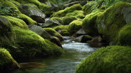 Aufkleber - A serene scene of clear water flowing over moss-covered rocks in a lush, green forest, creating a tranquil atmosphere in nature.