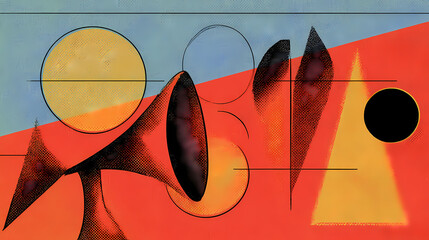 Wall Mural - pastel megaphone with colorful shapes on light blue background. voice in shapes. illustration