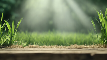 Poster - A serene view of fresh green grass illuminated by soft rays of sunlight, creating a peaceful and natural atmosphere.