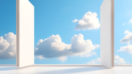 Poster - A serene view of fluffy clouds through an open window, symbolizing tranquility and a connection to nature.