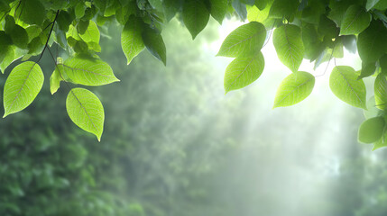 Poster - A serene view of green leaves illuminated by soft sunlight, creating a peaceful atmosphere in a lush forest setting.