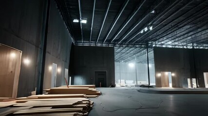 Expansive warehouse under construction displays materials and building layout in grey and neutral tones, showing the empty structure and infrastructure