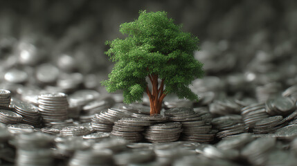 Poster - A small tree growing amidst piles of coins, symbolizing growth, sustainability, and financial investment in a vibrant economy.