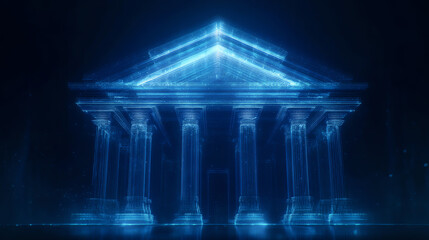Leinwandbilder - A stunning digital representation of a classical building illuminated with blue light, showcasing modern architectural creativity.