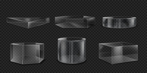 Poster - Glass podium. Transparent 3D box and cube stand. Cylinder platform. Product display mockup. Clear plastic shape. Translucent block. Glossy abstract figure. Vector geometric forms set