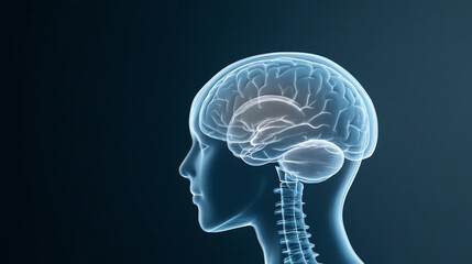 Poster - An anatomical illustration of a human brain showcasing neural structures and connections in a blue background.