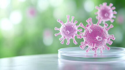 Poster - Close-up of colorful virus models on a glass dish, highlighting the structure and detail of microorganisms in a laboratory setting.