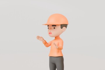 Poster - 3d a man delivery guy in orange uniform stands half person icon. Minimal Cartoon character. Online delivery concept. Delivery guy or Delivery courier man isolated on white background. 3d render.