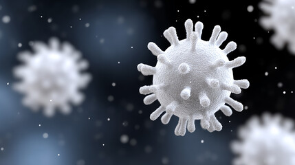 Poster - Detailed 3D rendering of a virus cell surrounded by a blurred background, highlighting its structure and design in a microscopic view.