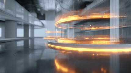 Poster - Futuristic circular glowing lights create a dynamic ambiance in a modern technological environment, representing innovation.