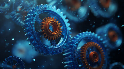 Poster - Intricate blue and orange gears spinning in a dynamic motion, showcasing the beauty of mechanical engineering and precision design.
