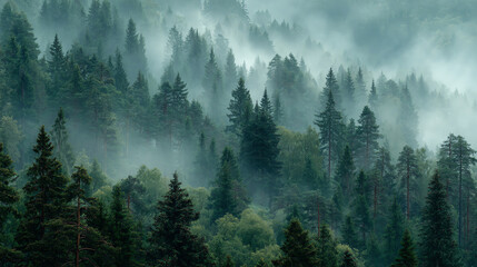 Poster - Misty forest landscape showcasing towering evergreen trees and soft fog enveloping the greenery, creating a serene atmosphere.