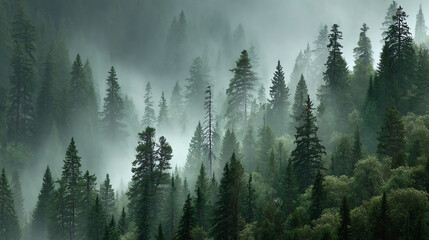 Poster - Misty forest landscape with towering trees, creating a serene atmosphere filled with nature's beauty and tranquility.