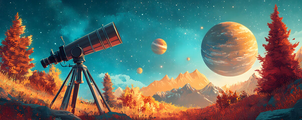 Wall Mural - A whimsical celestial landscape featuring a telescope, vibrant trees, and distant planets, perfect for celebrating astronomy day and inspiring stargazing adventures.