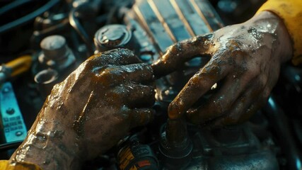 Poster - A close-up shot of someone working on a car engine, with their hands visible