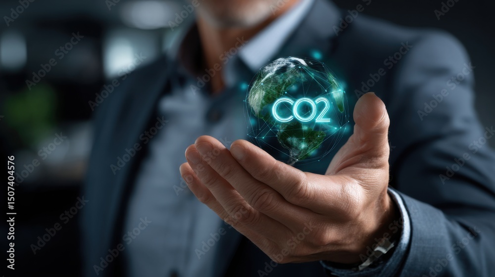 CO2 Emission Control:A hand holds a glowing model of Earth overlaid ...