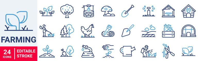 Farming web line icons. Garden. Containing plant, flowers, trees, watering can, fence, cultivate and gardening icons. Vector illustration