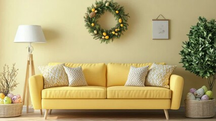 Poster - A cozy living room with a bright yellow couch and a decorative wreath on the wall