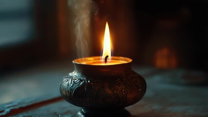 Poster - A lit candle sits atop a wooden table, providing warm ambiance