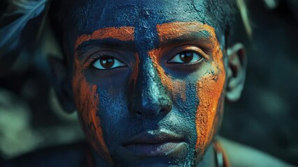 Poster - Close-up shot of a person's face painted with vibrant blue and orange colors, great for creative projects or self-expression