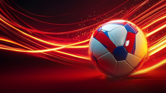 Vibrant soccer ball highlighted by dynamic light trails.