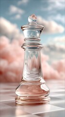 Poster - A stunning glass queen chess piece rests elegantly on a pastel-checkered surface, showcasing intricate details and vibrant colors