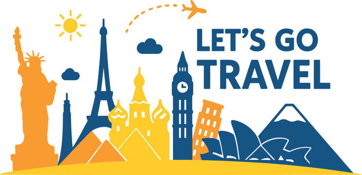Let's explore the globe with a vector design that showcases travel and tourism, featuring renowned landmarks and destinations from various countries and locations, set against a white background with