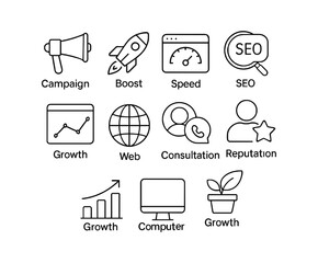 Fototapete - social media SEO and SEM icons set outline lineal vector illustration
