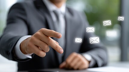 Poster - Close-up of a businessman pointing at bright email icons, showcasing digital marketing and communication in a professional environment