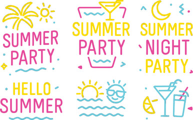 Poster - A collection of summer party posters features neon vector designs, including a template for a bright and modern party brochure with light banners and typography invitations