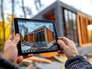 Person Using Tablet to View Modern House Design at Construction Site