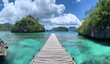 © Black - A wooden bridge leading to an island in the middle of clear blue water, with a white sky and clouds