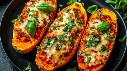 Poster - Three halves of butternut squash filled with cheese, herbs, and tomato sauce, garnished with fresh basil on a black plate