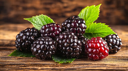 Fototapete - A cluster of ripe blackberries and one red raspberry rests on green leaves atop a rustic wooden surface, illuminated by natural light